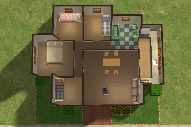 An overhead floor plan of a Sims 2 house with four bedrooms, one bathroom, kitchen, dining area, living room, and essential furnishings.