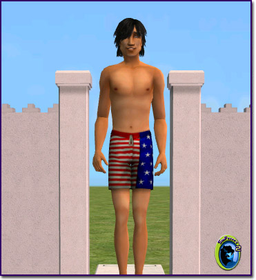 Male Sim in red, white, and blue USA swim trunks with star and stripe detailing.