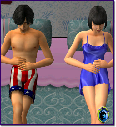 Male Sim in USA-themed boxers sitting on bed next to female Sim in purple chemise.