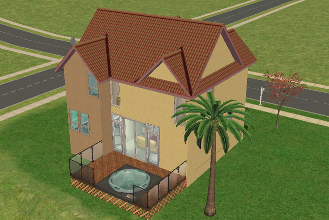 A rear view shows the tan house with red tile roofing, a wooden deck, fenced hot tub area, large glass doors, and palm trees nearby.