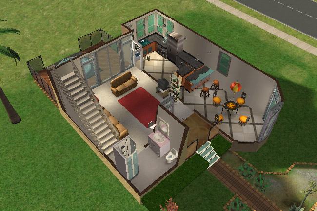 A cutaway view shows a furnished living area, kitchen, dining space, bathroom, staircase, deck access, and front entry.