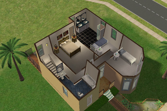 A cutaway view shows furnished bedrooms, bathrooms, stair access, a double vanity, beds, and windows overlooking the yard.