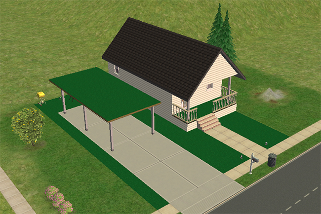 Exterior view of Medium Astroturf, a compact single-story starter home with light siding, green trim, covered front porch, large carport, and bright artificial-looking lawn.