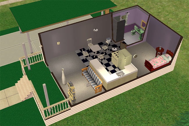 Interior cutaway view of Medium Astroturf showing a compact furnished layout with bedroom area, bathroom, kitchen, dining table, living space, and front porch access.