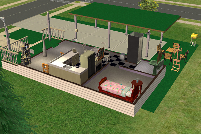 Alternate interior cutaway view of Medium Astroturf showing the open studio-style floorplan, compact kitchen, bathroom, bed, dining area, front porch, and large covered carport.