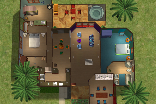 An overhead floor plan of a furnished Sims 2 house with three bedrooms, two bathrooms, kitchen, dining area, living room, hot tub, and patio space.