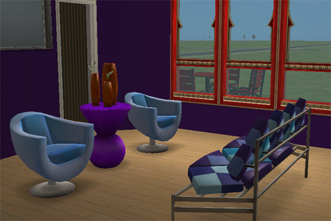 A furnished Sims 2 living room with purple walls, red-trimmed windows, blue chairs, a patterned sofa, and bold modern decor.