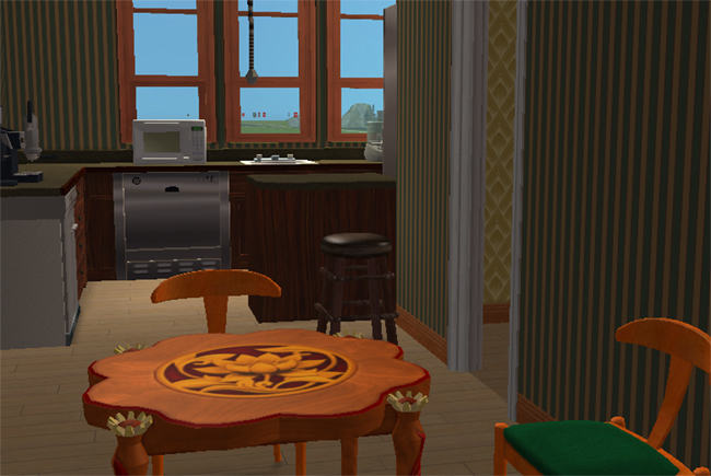 A Sims 2 kitchen and dining area with red-trimmed windows, striped wallpaper, wood flooring, bar seating, and a decorative dining table.