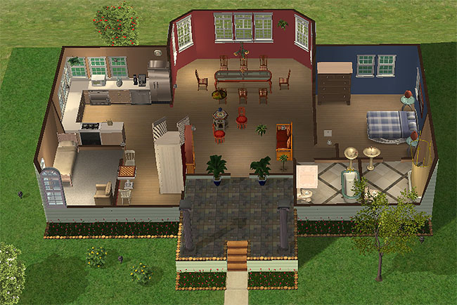 A top-down cutaway view shows the main floor with a kitchen, dining room, sitting area, bedroom, bathroom, front porch, central stairs, and furnished living spaces.