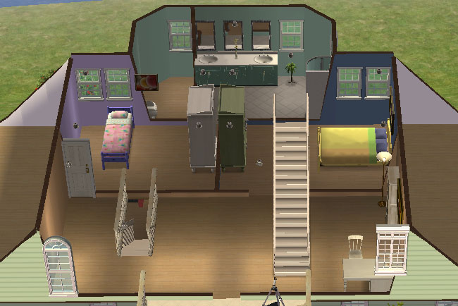 A top-down cutaway view shows an upper floor with two bedrooms, a bathroom, central stairs, dressers, windows, and open floor space beneath the roof slopes.