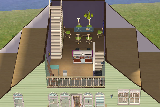 A top-down cutaway view shows an upper bonus level with a bar, dining table, chairs, staircases, balcony access, purple walls, and a small outdoor grill area.