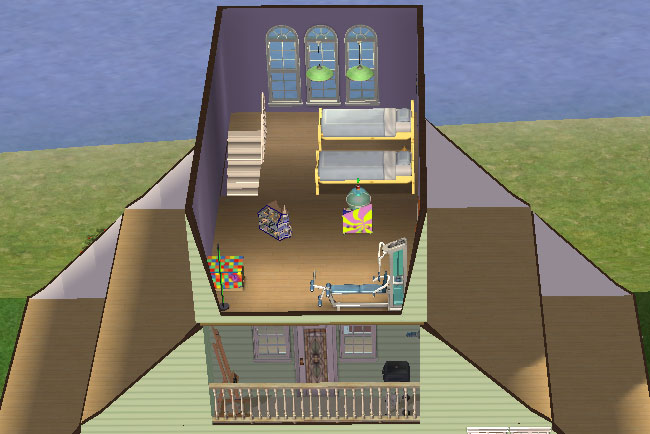 A top-down cutaway view shows the top floor with beds, arched windows, toys, exercise equipment, a game table, stairs, and open hobby space beneath the roof.