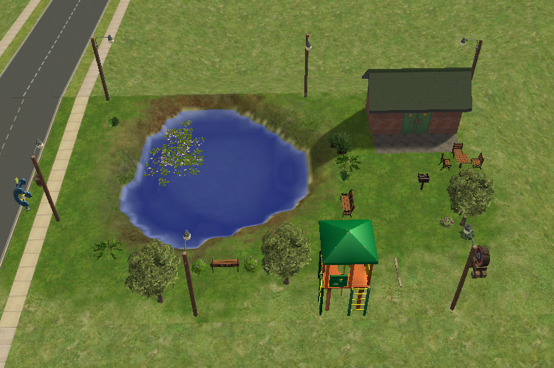 A top-down view shows the park layout with a pond, playground, benches, trees, archery area, picnic tables, grill, restroom building, sidewalk, and road.