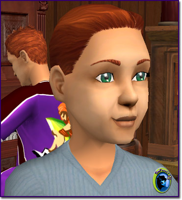Aidan O'Malley, a red-headed child sim in a gray shirt.