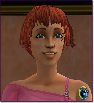 A short-haired red-headed girl with a pink tank top holding an opened book.