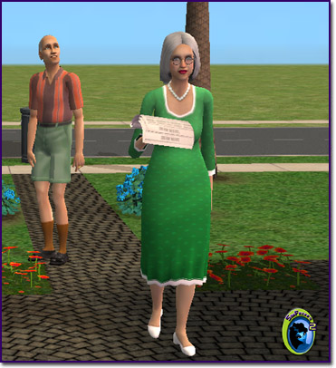 An elderly feamle sim wearing a green dress.