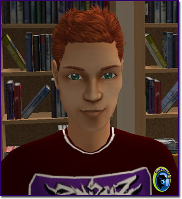 A red-headed teen boy sim wearing a purple shirt.