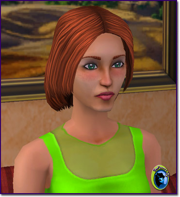 a red-headed female adult sims with a bright lime-green shirt.