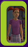 A red-haired female child sim in a purple shirt.