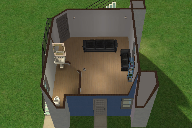 Second-floor cutaway view of Pigeon’s Perch showing a minimalist family room with seating, bookshelf, bathroom fixtures, and open living space connected by exterior stairs.
