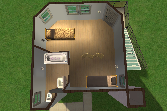 Third-floor cutaway view of Pigeon’s Perch displaying a shared bedroom with twin beds, partial divider, bathroom fixtures, and wraparound exterior balcony access.