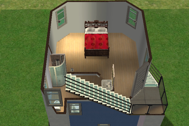 Fourth-floor cutaway view of Pigeon’s Perch featuring a compact master bedroom with attached shower area, exterior balcony access, and staircase leading toward the rooftop deck.