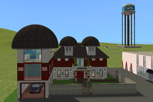 A red and white house with rounded dark roofs, a gated front yard, garage tower, balcony, and a Sims 2 water tower in the background.