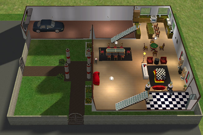 A cutaway view shows the house with a garage, fenced yard, dining area, kitchen, living room, stairs, and decorated entry spaces.