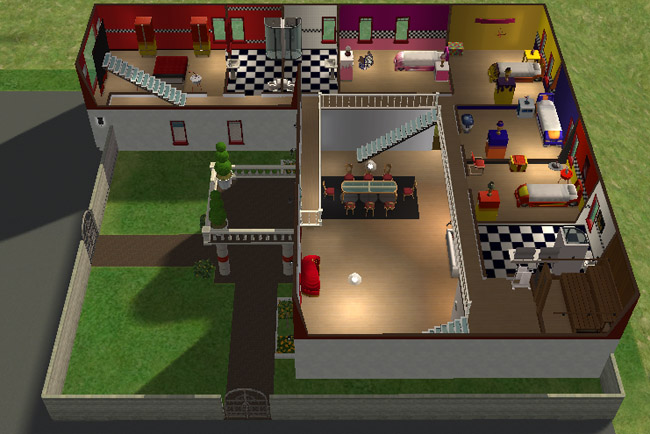 A cutaway view shows furnished bedrooms, bathrooms, nursery space, stairs, a sauna, and colorful rooms inside the house.