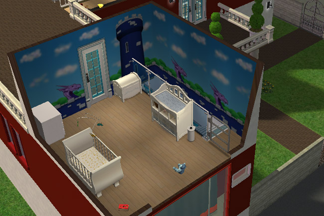 A nursery with cloud-patterned blue walls, cribs, changing tables, a toy, and a TARDIS-style mural along the walls.