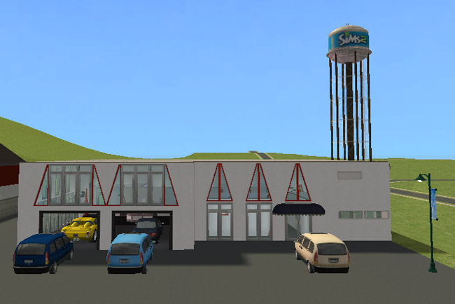 A modern white auto dealership with large glass windows, red trim, garage bays, an awning, and cars parked in front.