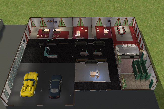A cutaway view shows the dealership with display cars, offices, computers, business restrooms, a meeting room, and a showroom area.