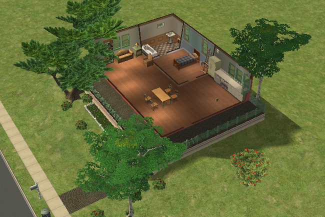 A compact furnished Sims 2 ranch interior with one bed, one bathroom, a small kitchen, dining table, seating area, and wood flooring.