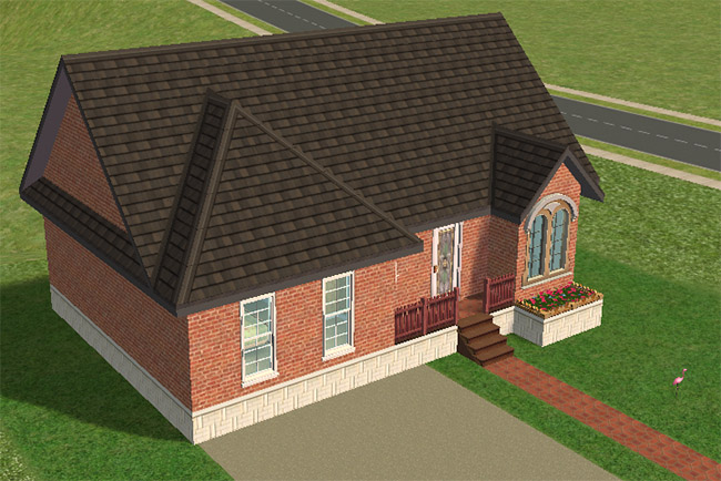 An angled exterior view shows the brick siding, covered front steps, large arched window, driveway, and simple lawn around the house.