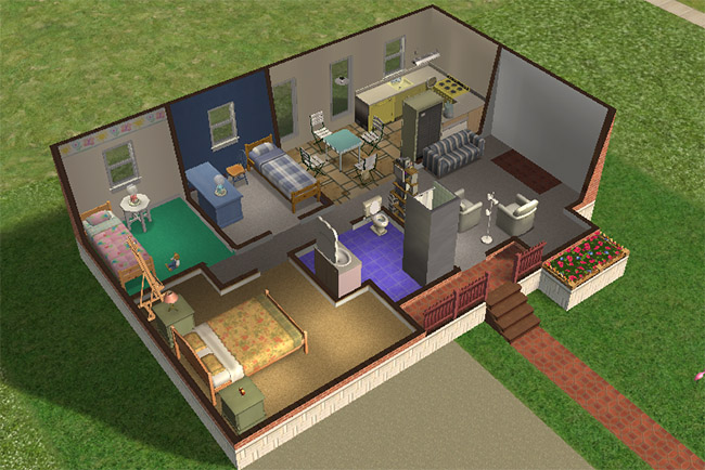 A cutaway view shows the furnished one-story layout with three bedrooms, one bathroom, a kitchen, dining area, and living room.