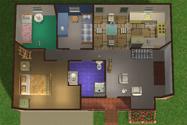 An overhead floor plan shows three bedrooms, one bathroom, a central hall, a kitchen and dining area, and a living room near the front entry.