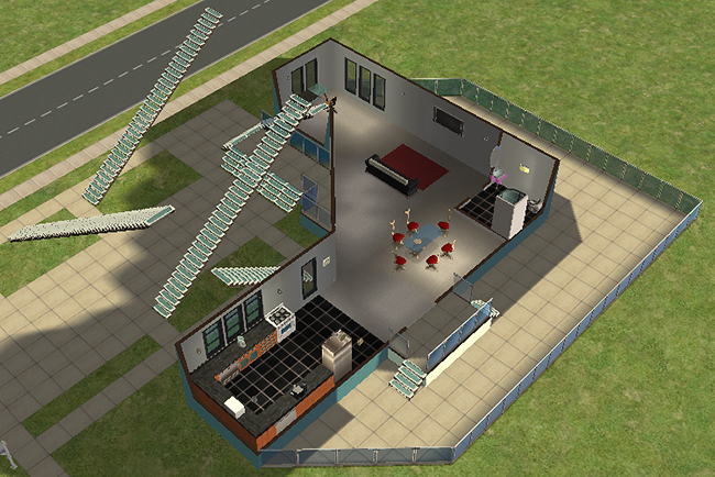 First-floor interior cutaway view of Space Oddity featuring a modern open-plan kitchen, dining, and living area connected by exterior staircases and surrounded by large rooftop patio spaces.