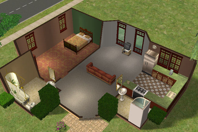 A cutaway view shows a one-bedroom furnished layout with two bathrooms, an open living area, and a kitchen along the right side.
