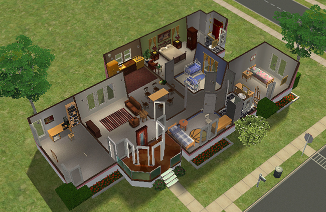 Cutaway interior view of the Sunfair Elite featuring an open central living and dining area, curved glass entry foyer, multiple bedrooms, nursery space, home office, and decorative modern furnishings throughout the single-story layout.