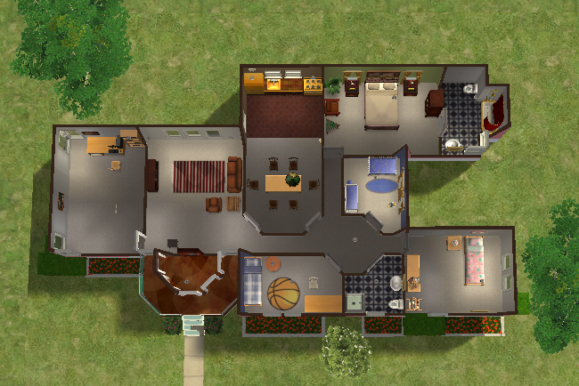 Top-down floor plan view of the Sunfair Elite showing the full single-story layout with connected living spaces, nursery, multiple bedrooms, curved entry foyer, kitchen, bathrooms, and office area arranged around a central hall.