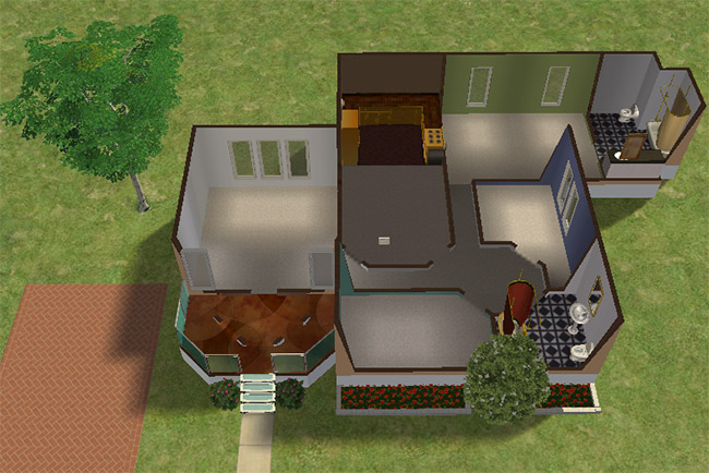 An overhead floor plan of a mostly open one-story home with three bedrooms, two bathrooms, kitchen basics, plumbing, and large unfurnished living spaces.