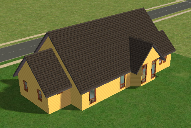 A rear angled view shows the long yellow house with a dark roof, several windows, and a simple open yard beside the road.