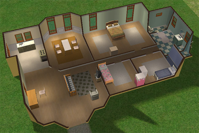 A cutaway view shows a furnished three-bedroom layout with one bathroom, a kitchen, dining area, living space, TV, and nursery furnishings.