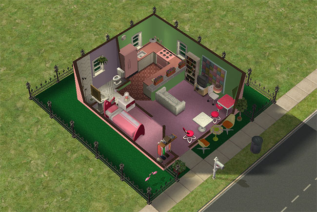 A top-down cutaway view shows the compact furnished layout with a bed, bathroom, kitchen, sofa, bookcase, television, desk area, patio seating, astroturf yard, and black iron fence.