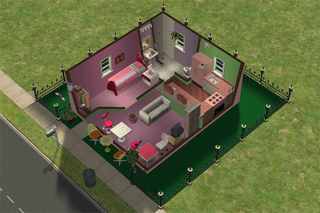 A top-down cutaway view shows the one-room starter layout with pink and green walls, a small kitchen, bathroom, bed, sofa, desk, bookcase, television, and fenced astroturf yard.