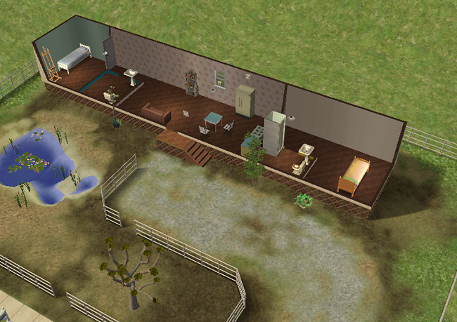 Interior cutaway view of the trailer showing a narrow open layout with basic furnishings, wood flooring, compact living and dining spaces, and small bedrooms at opposite ends of the home.