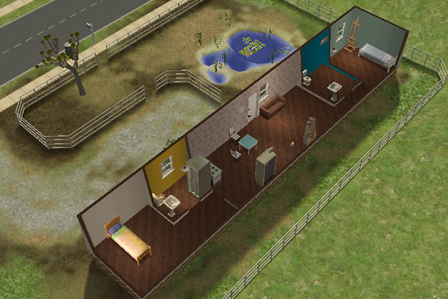 Angled interior floorplan view of the weathered trailer featuring minimal furnishings, two small bedrooms, a compact bathroom, open living area, and fenced rural-style yard with a decorative pond outside.