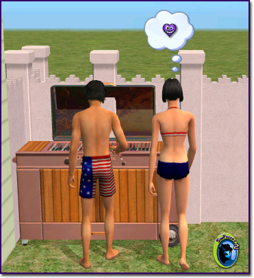 Sims grilling together in patriotic swimwear.
