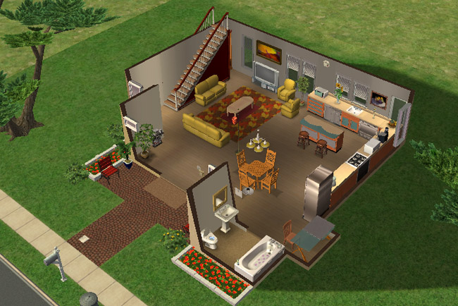 A cutaway view shows furnished living, dining, kitchen, and bathroom spaces with stairs, yellow seating, rugs, counters, and activity items.