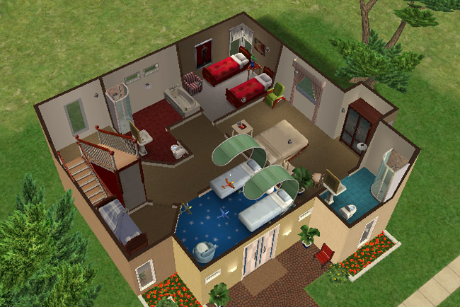 A cutaway view shows several furnished bedrooms and bathrooms with beds, showers, tubs, stair access, and colorful flooring.